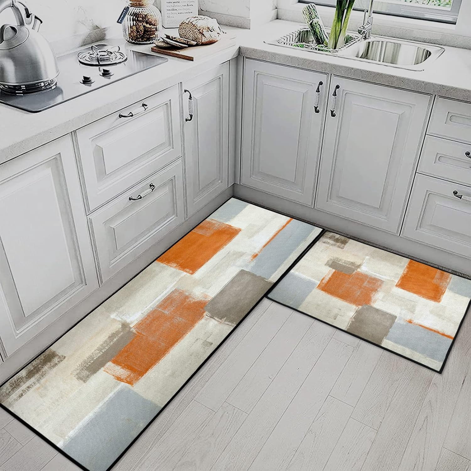 Orange Abstract Kitchen Rugs and Mats Non Skid Washable Set of 2, Beige Contemporary Painting Art Kitchen Mats for Floor, Modern Kitchen Runner Rug Brown Grey Kitchen Decor