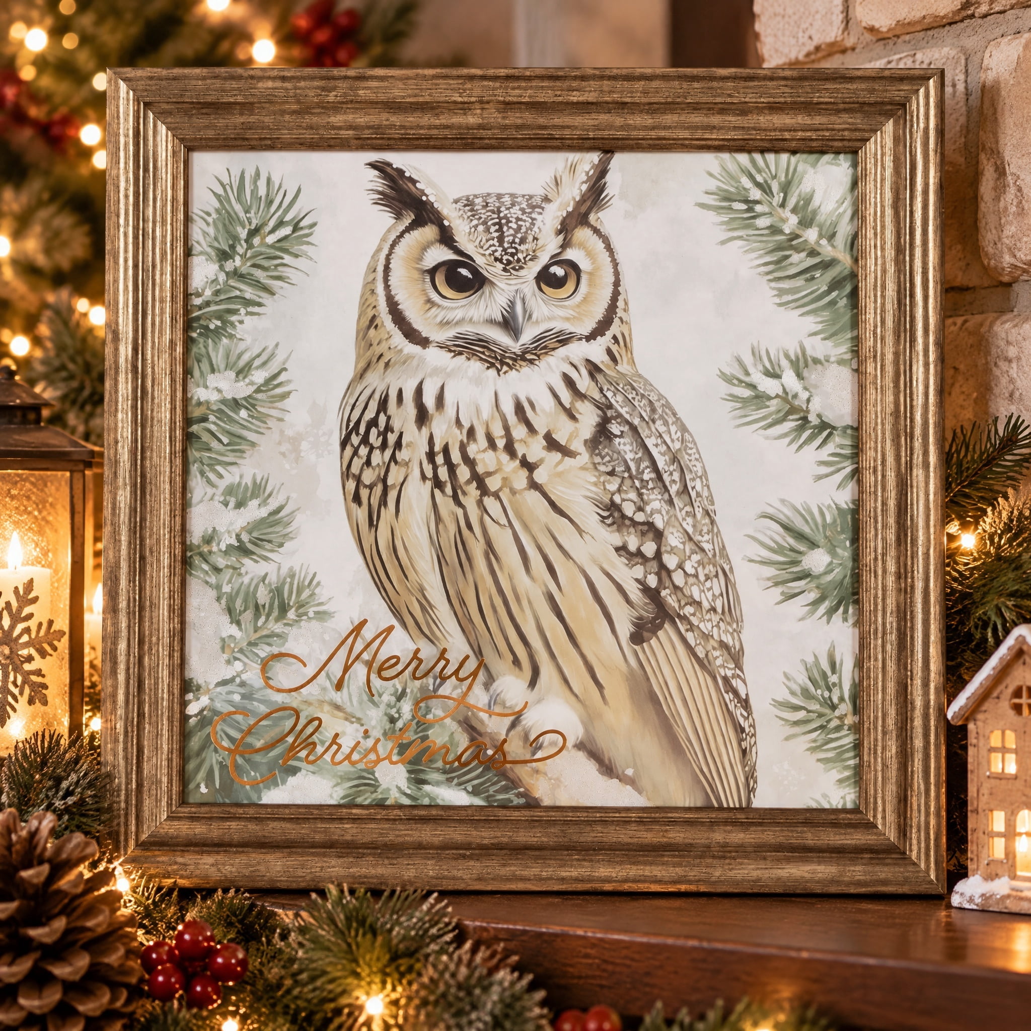 Owl in Snowy Tree Framed Christmas Wall Art, Multicolor, 12" x 12", by Holiday Time