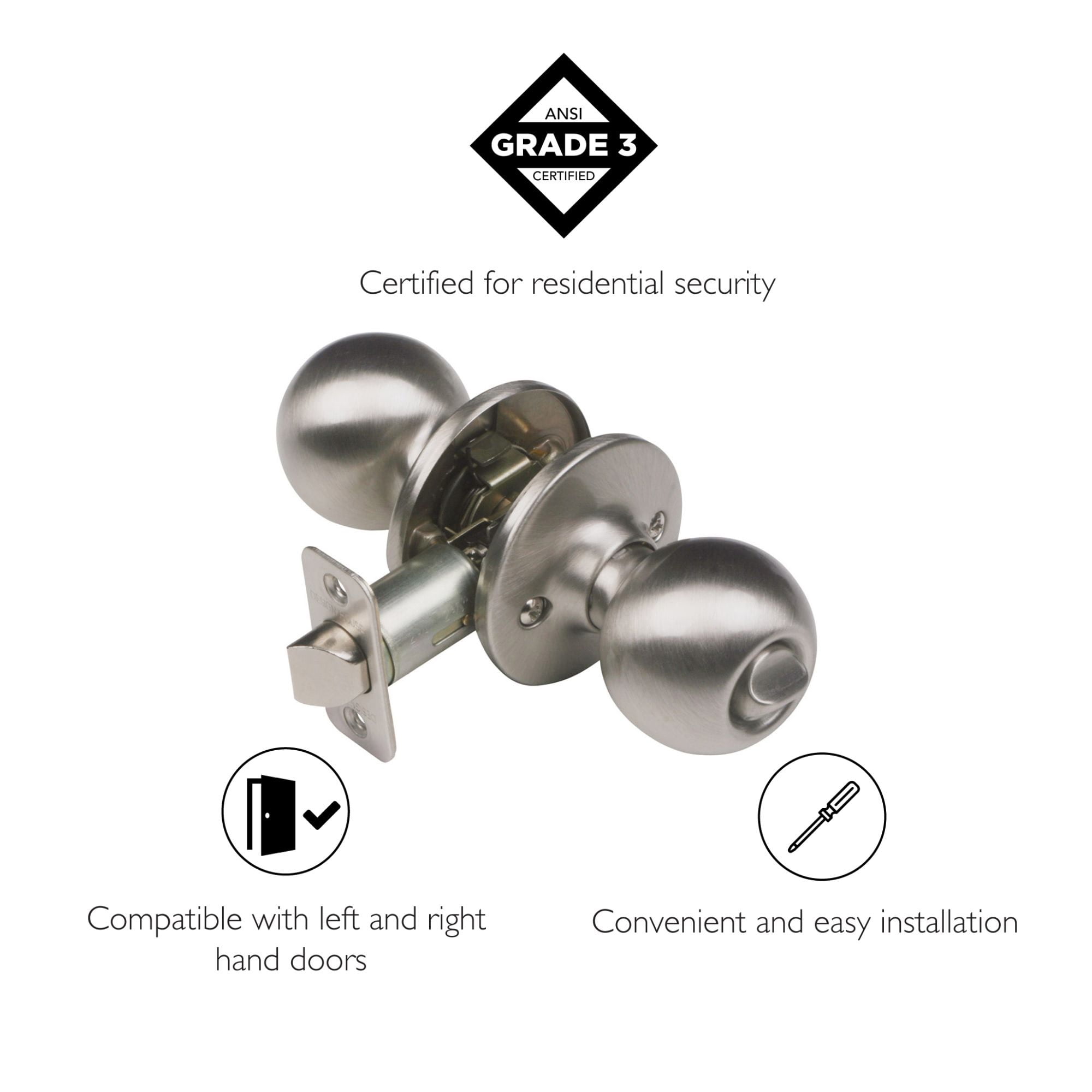 Satin Nickel Ball Privacy Door Knob, Bed and Bath Turn-Button Lock with Emergency Release, Adjustable Backset
