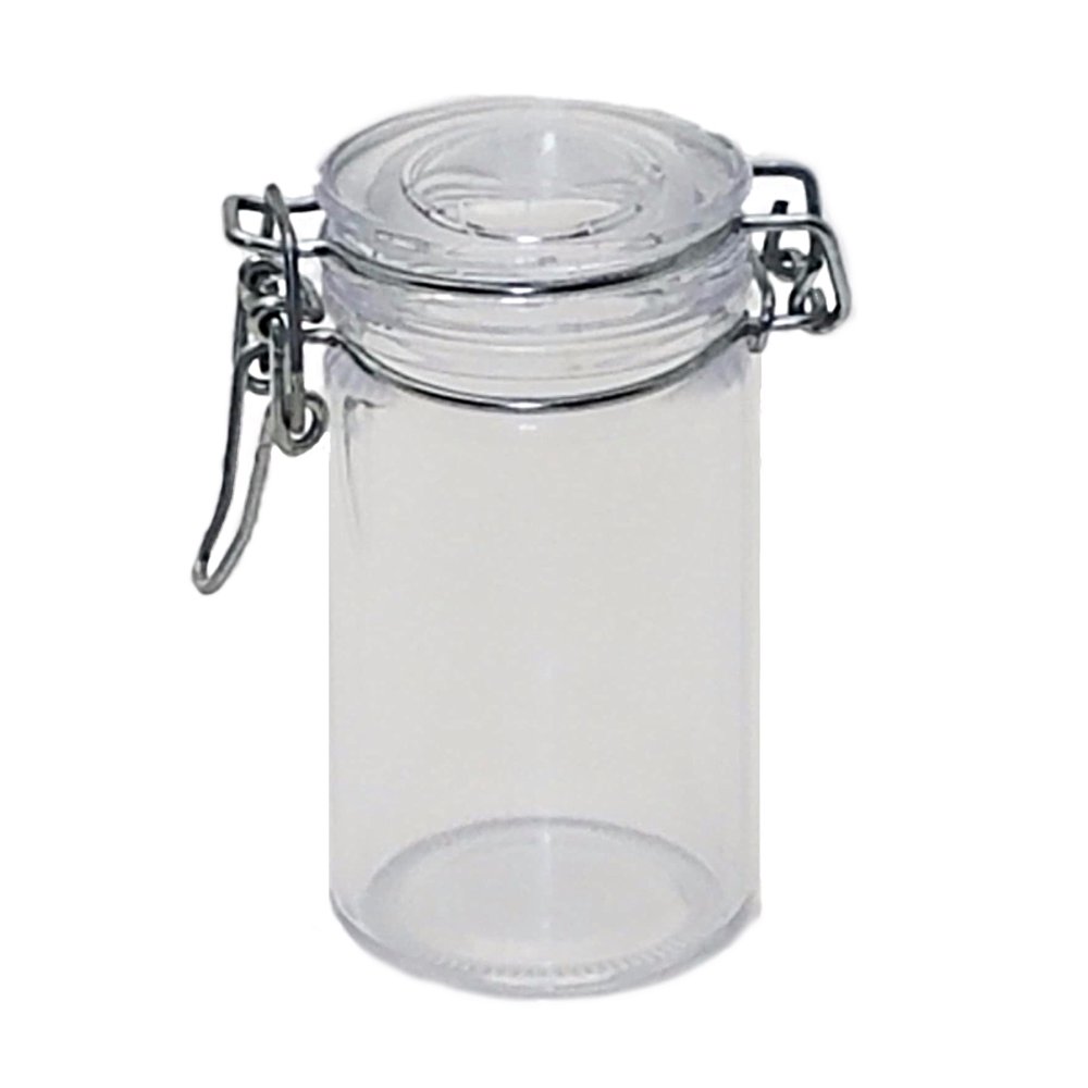 12 Plastic Cylinder Jars with metal clamp lid closure canister 3.25" tall 1.75" wide (12 count