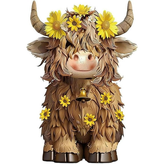 Highland Cow Brown Scottish Highland Cow Pygmy with Sunflower Resin Figurine Calf Pygmy Herd Gnome Farmhouse Table Home Garden Decor Gift (pat.01)