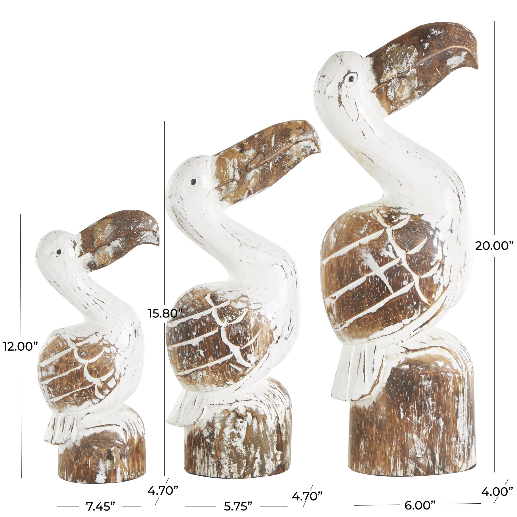 20", 16", 12"H White Wood Handmade Distressed Pelican Sculpture with Brown Accents, by DecMode (3 Count)