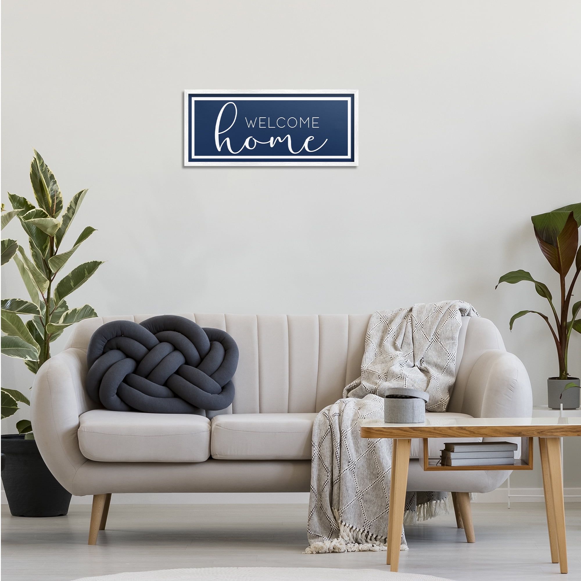 Stupell Industries Welcome on Blue Typography Painting White Framed Art Print Wall Art, 24 x 10