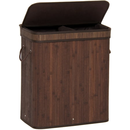 Brown Laundry Hamper Best Choice Products Bamboo Collapsible Double Sectioned Hamper Laundry Basket with Removable Liner Bag, Dark Brown ()