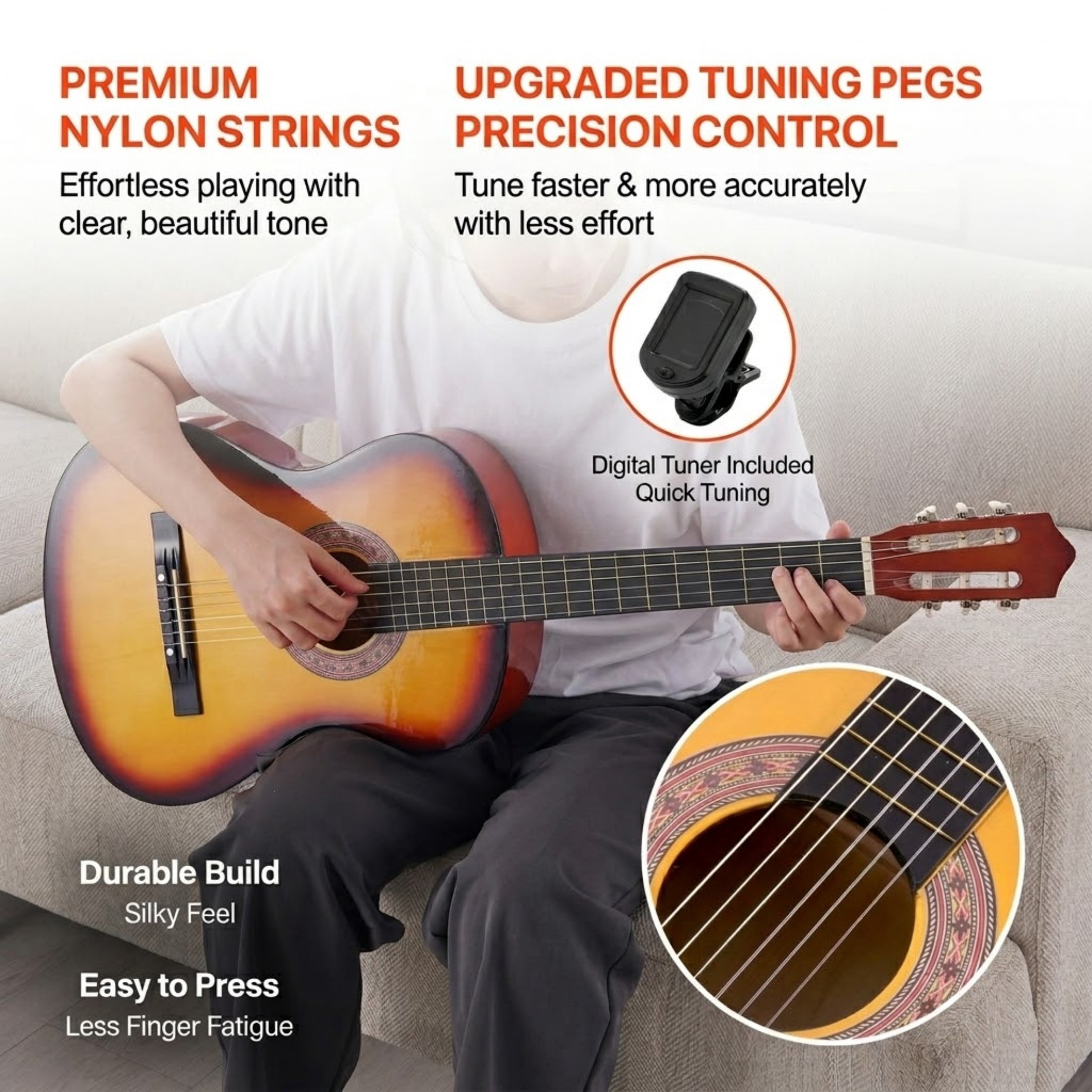 38-Inch Classical Guitar Beginner Starter Kit, Basswood Wood Guitar with Nylon Strings, Gig Bag & Tuner, Sunburst