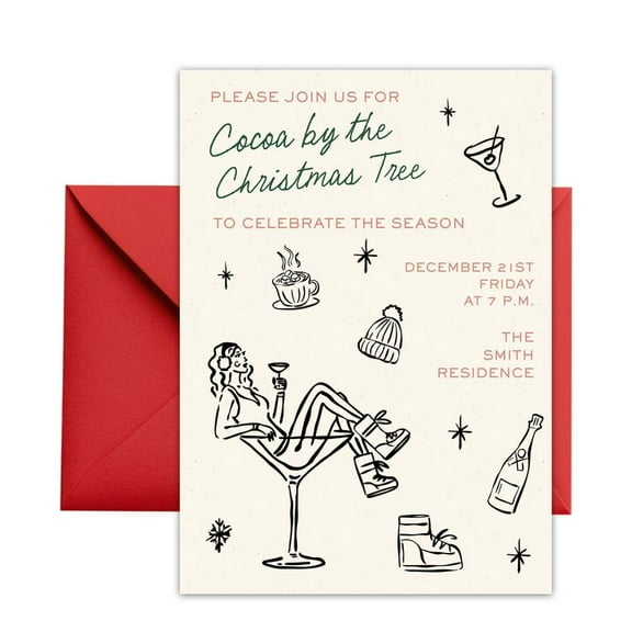 Cocoa by the Christmas Tree Invitations – Celebrate the Season with Chic Holiday Party Cards – Includes Red Envelopes – Perfect for Seasonal Gatherings