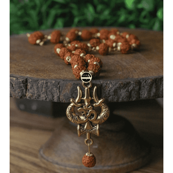 5 Mukhi Rudraksha Brass Cap Mala with Shiv Trishul Pendant – Indian Spiritual Jewelry for Men and Women | Religious Necklace for Meditation & Prayer