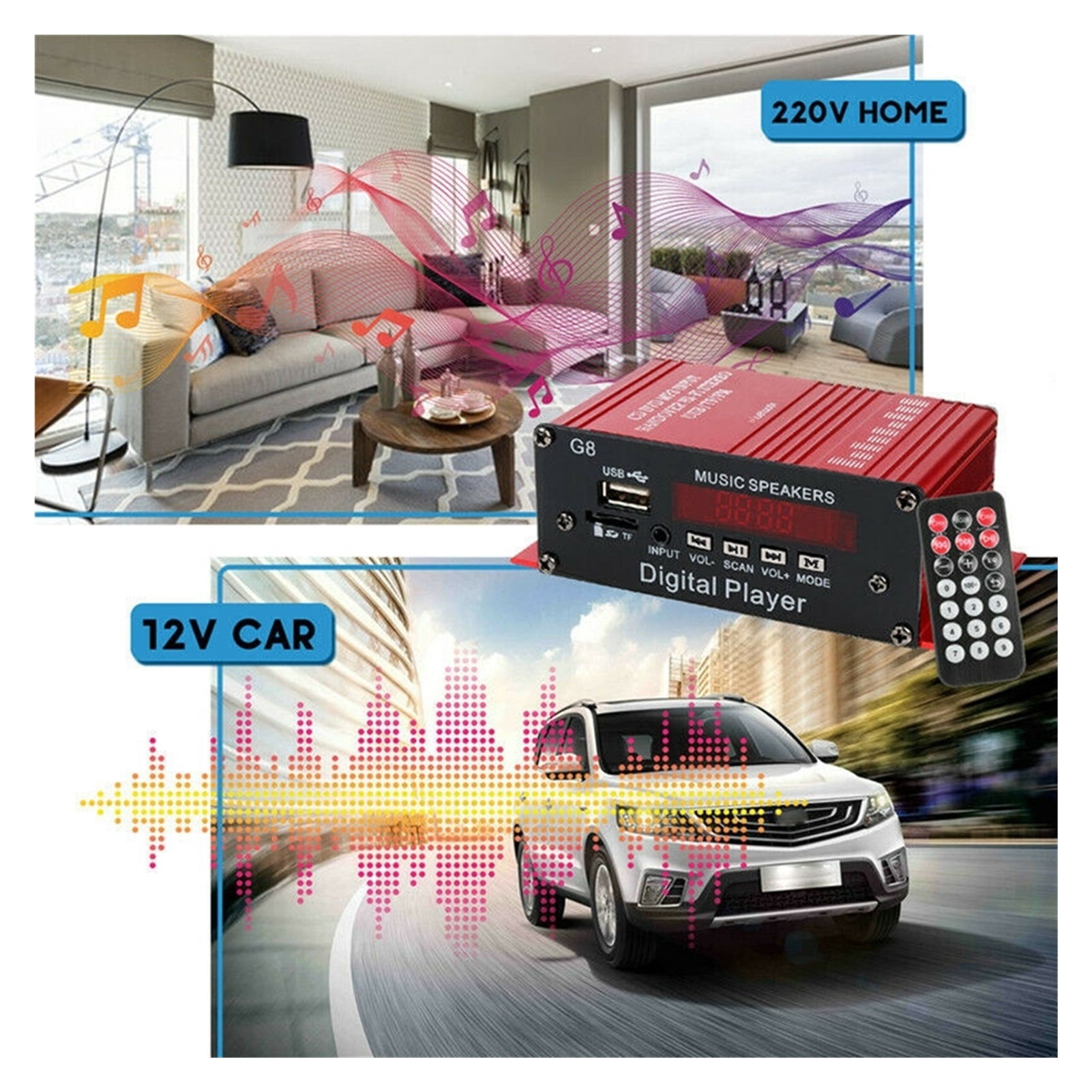 Amplificateur Audio Voiture Rheross G8 - 2x100W, Bluetooth, FM, AUX, Télécommande, 12V