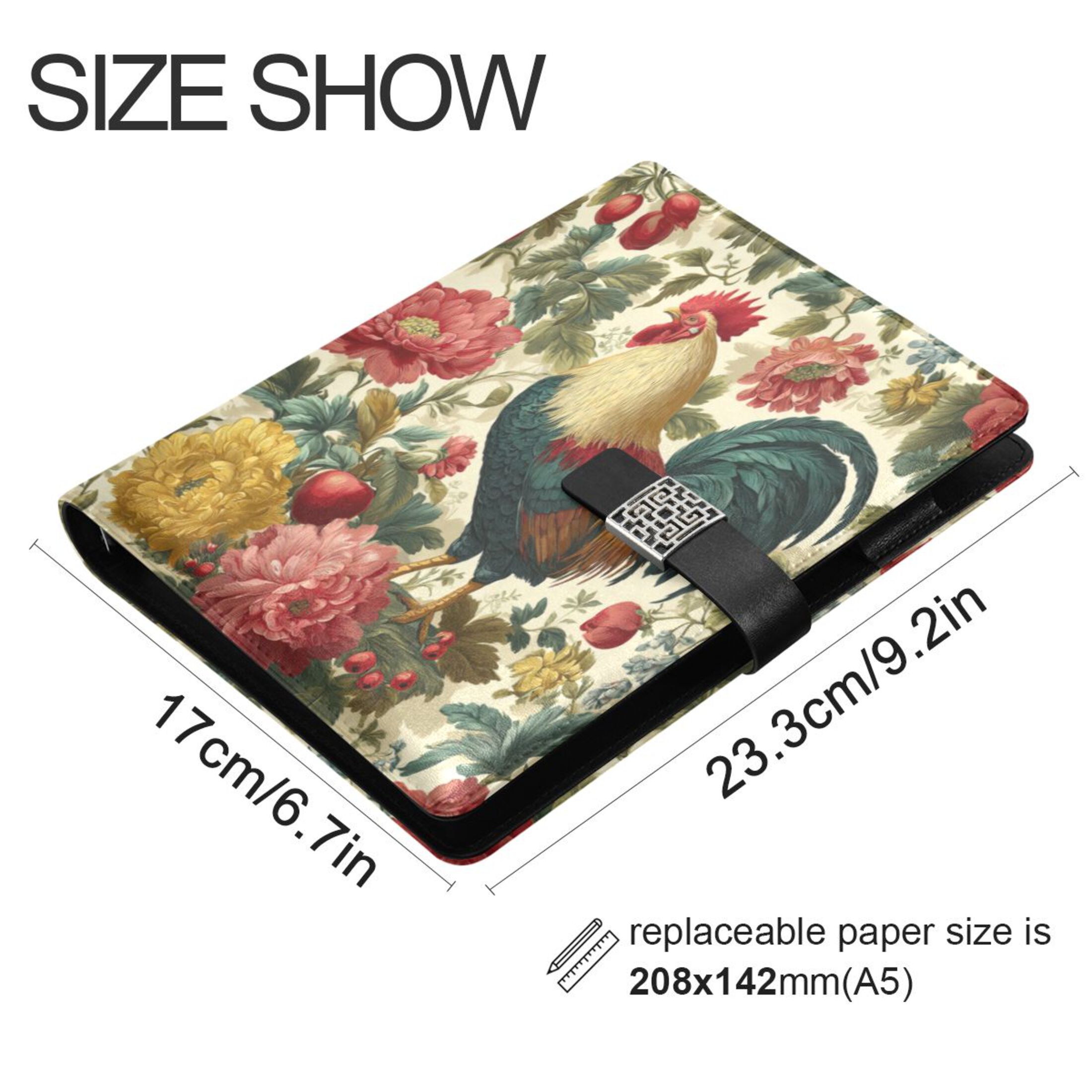 9.2x6.7 inch Leather Notebook 100 Sheets, Multi-Pocket Design & Pen Loop Rooster and Vintage Floral Refillable Journal Organizer