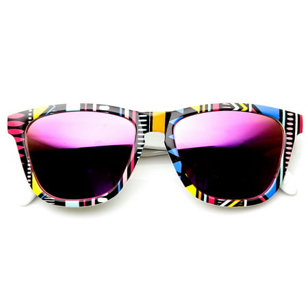 Native Print Color Mirror Lens Keyhole Bridge Horned Rim Sunglasses - 9378