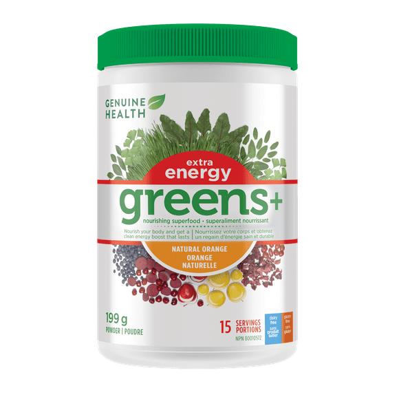 Genuine Health Greens+ Extra Energy Superfood Powder, 15 servings, Spirulina and Wheat Grass, Natural Orange Flavour, Non GMO, 199g