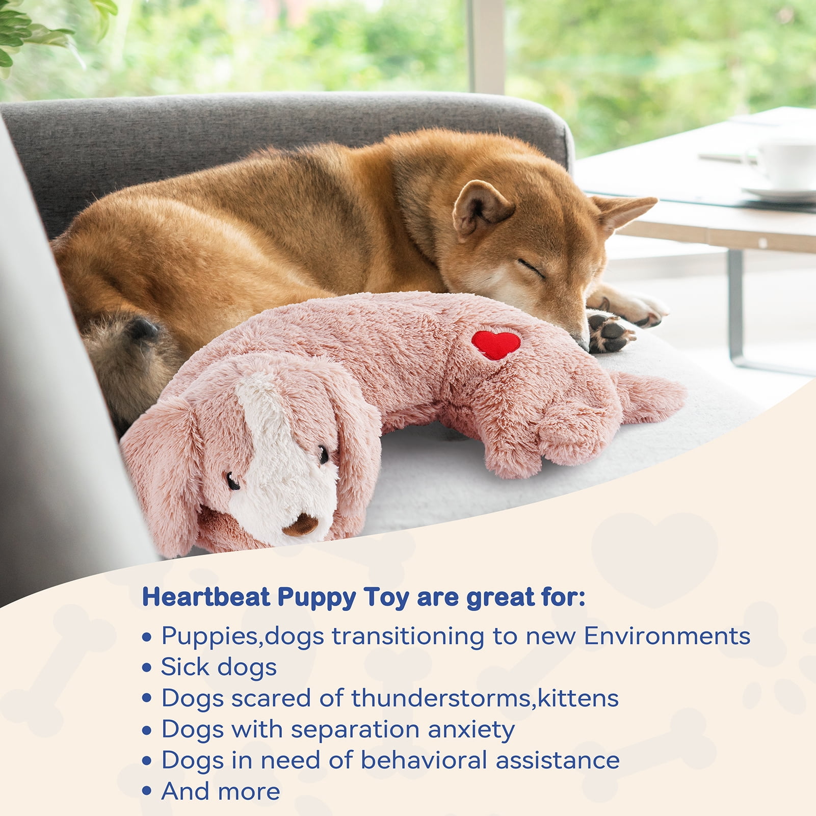 Heartbeat Toy Puppy Heartbeat Stuffed Toy for Dog Calming Aid, Heartbeat Puppy Toy for Pets Anxiety Relief, Dog Comfort Toy for Behavioral Aid Crate Training, Puppy Essential Pink