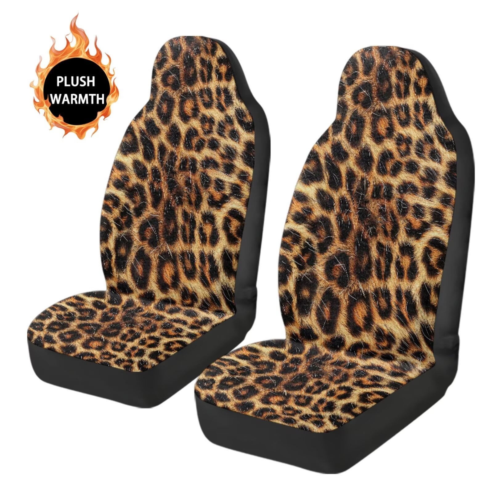 Uorisanigo Universal Car Seat Covers, Washable Breathable Brown Cheetah Leopard Print Front Seat Covers Fluffy Furry Car Seats Cover Cushion Accessories for Women, Set of 2