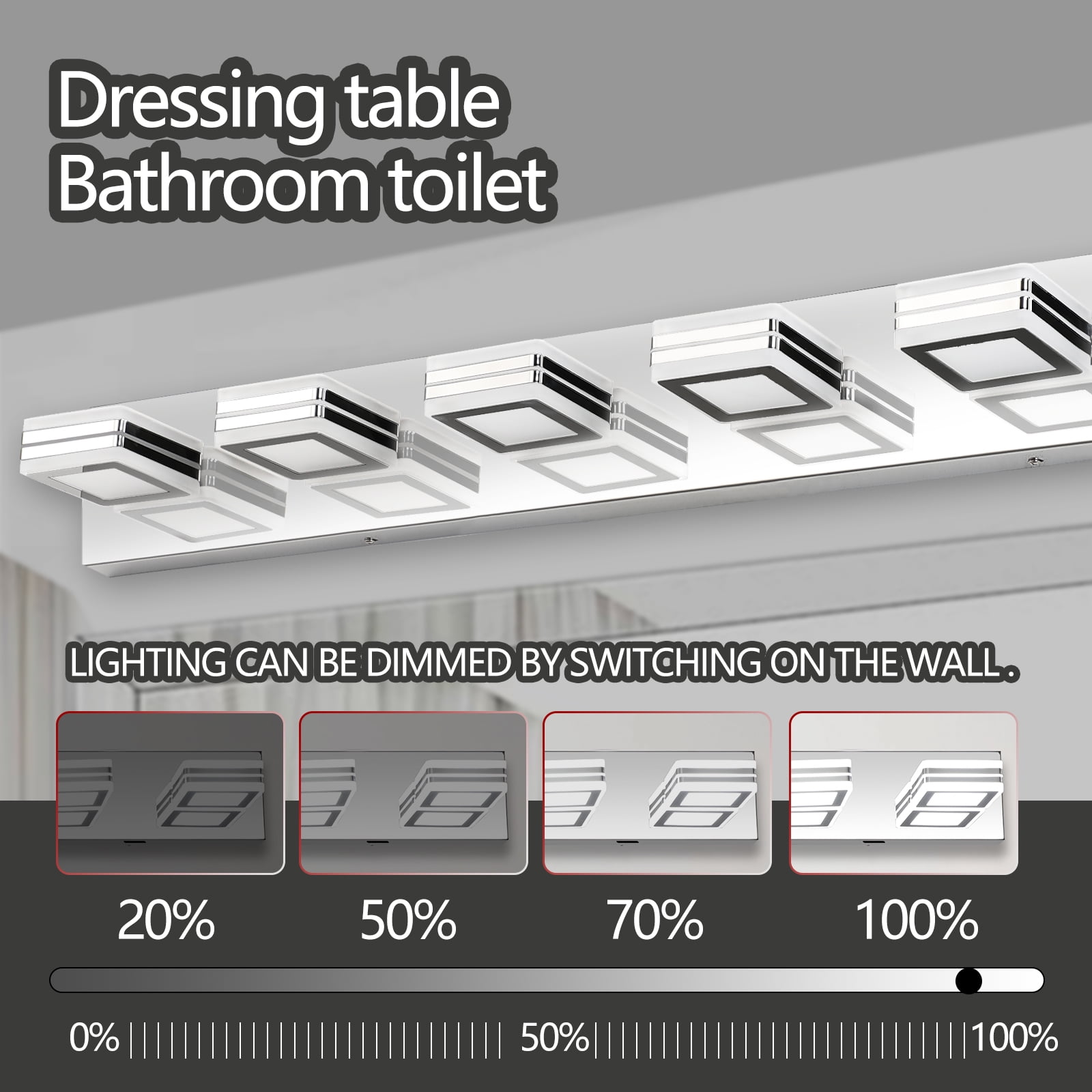 39" Modern Chrome 6-Light LED Vanity Light, Square Acrylic Lampshades Wall Mount Fixture for Bathroom, Mirror Lighting