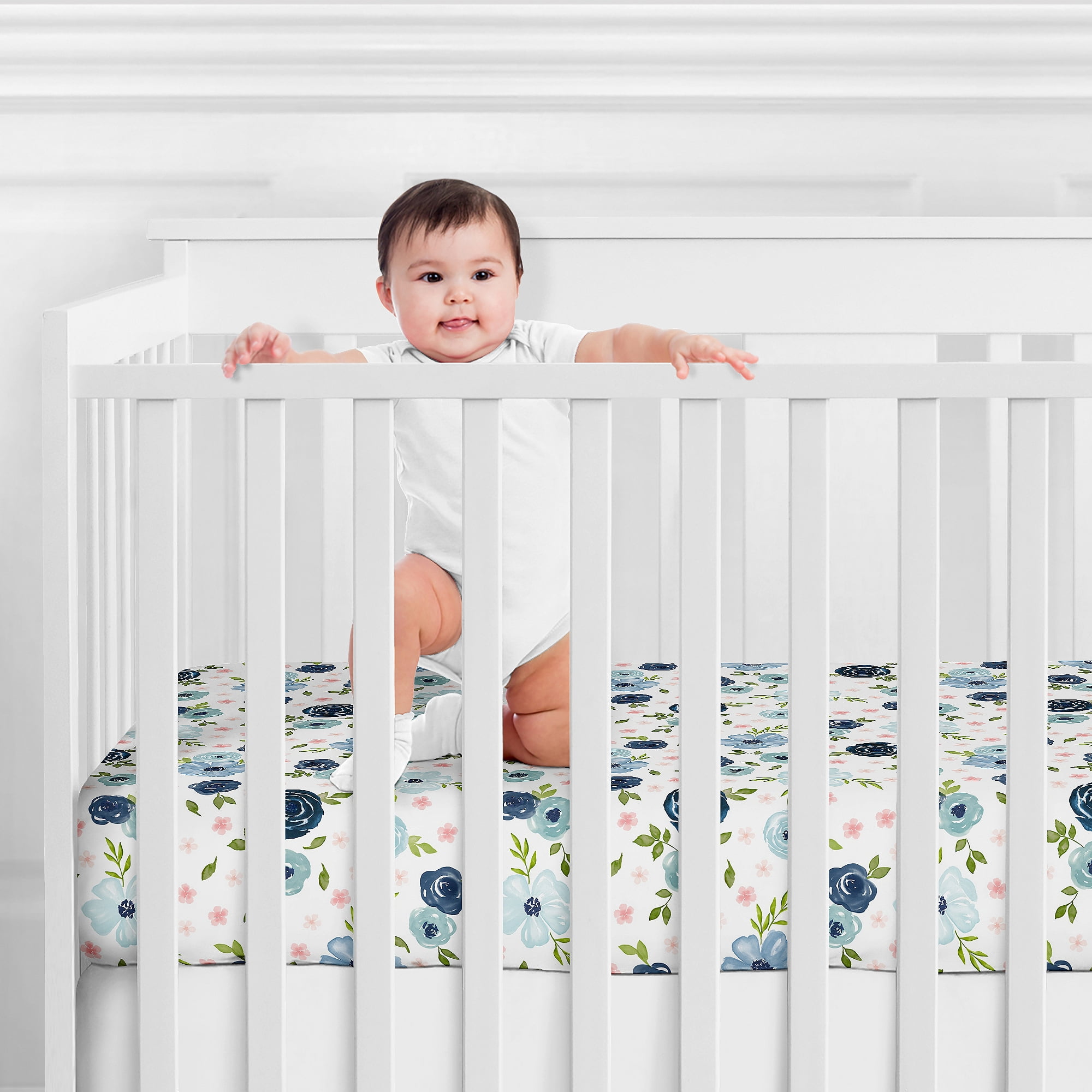 Sweet Jojo Designs Watercolor Floral Blue Green and Pink Jersey Knit Fitted Crib Sheet