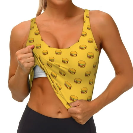Qokaie Burger 1 Pattern Womens Scoop Neck Sports Bra Breathable Workout Vest Padded U Back Medium Impact Fitness Gym Yoga Bra Workout Crop Top