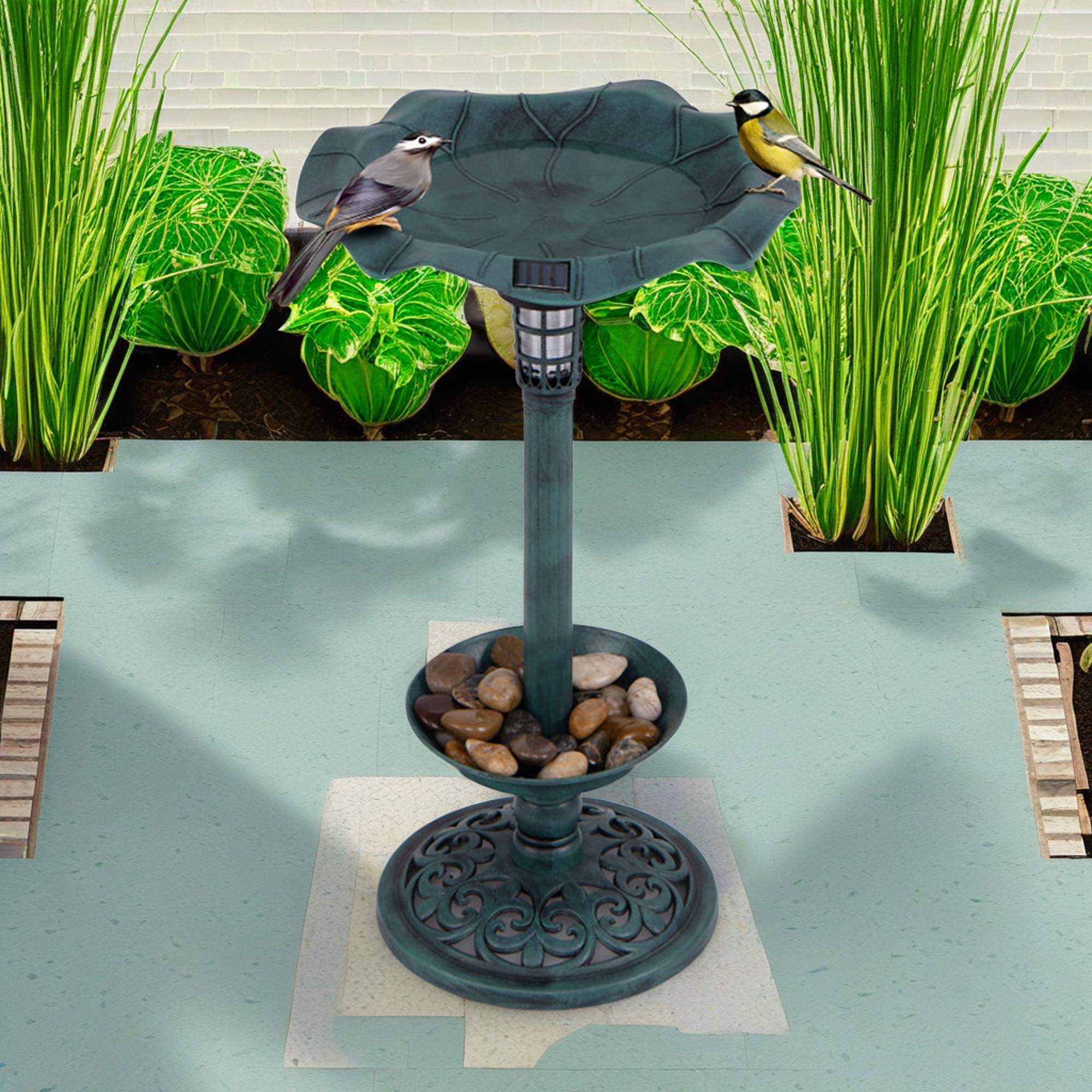 Kadyn 30" Outdoor Pedestal Garden Bird Bath with Solar Light, Bird Feeder and Flower Planter, Standing Lotus Leaf Bowl Birdbath, Green