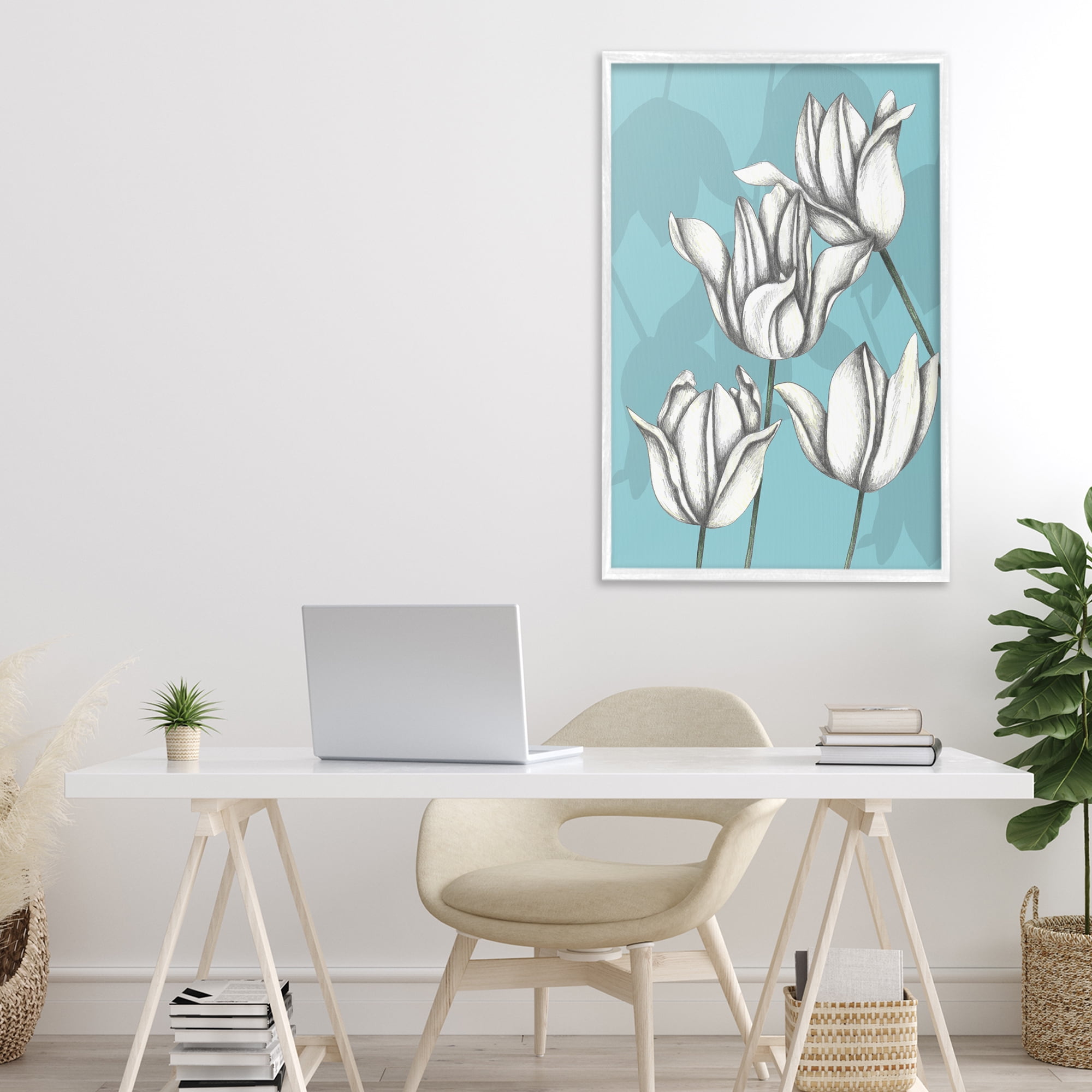 Sketched Tulips Keep Growing White Framed Giclee Art, design by Cecilia Battaini