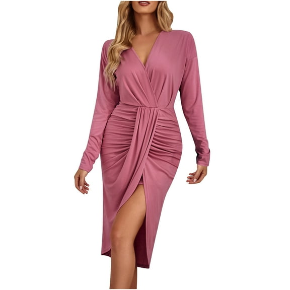 Herrnalise Women's Deep V-Neck Pleated Long Sleeve Solid Color WrapHip Split Belted Long Dresses S-XL