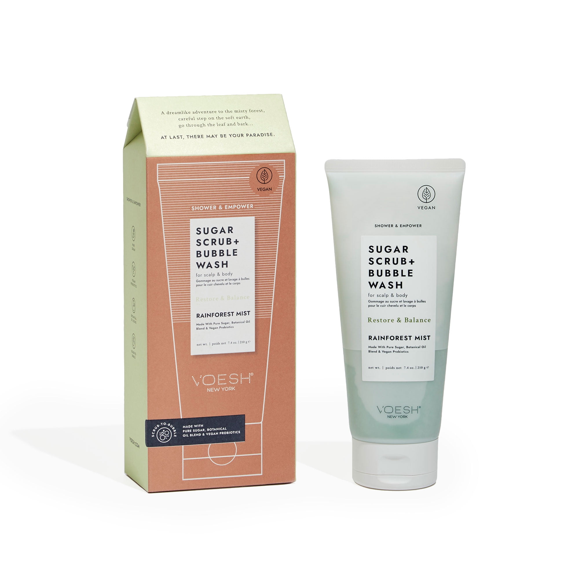 Voesh Sugar Scrub + Bubble Wash/Exfoliating Scalp & Body Wash – Rainforest Mist