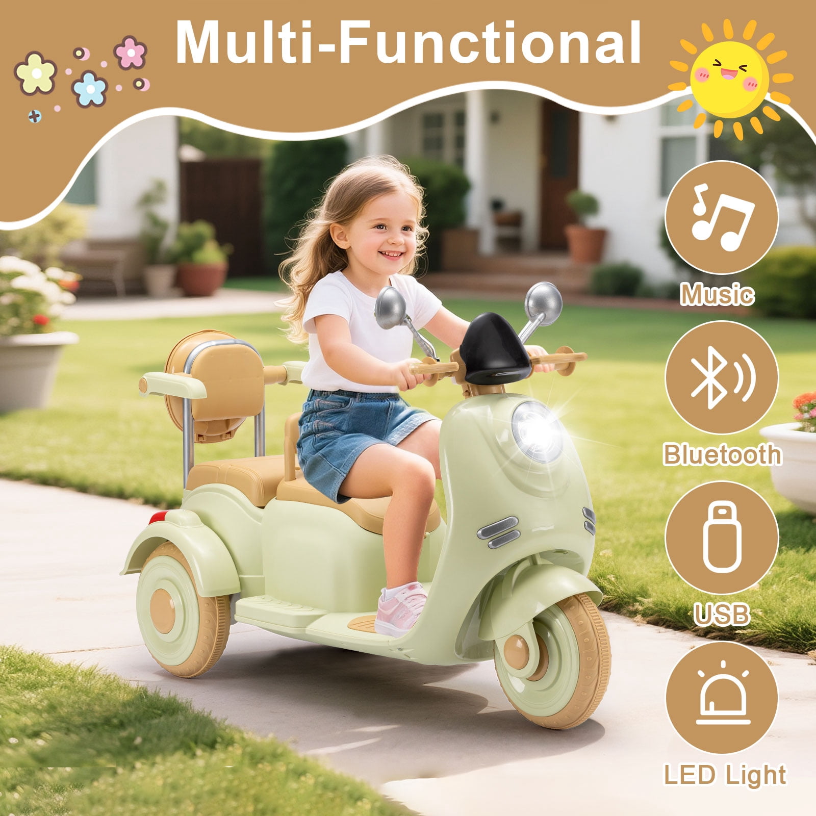 Dimedeal 12V Electric Motorcycle, Ride On Scooter for Kids, 2 Seater with Storage & Dual Motors, 3-Wheel Electric Ride On Toy for Girls and Boys Ages 3-8, Safe & Cute Design (Green)