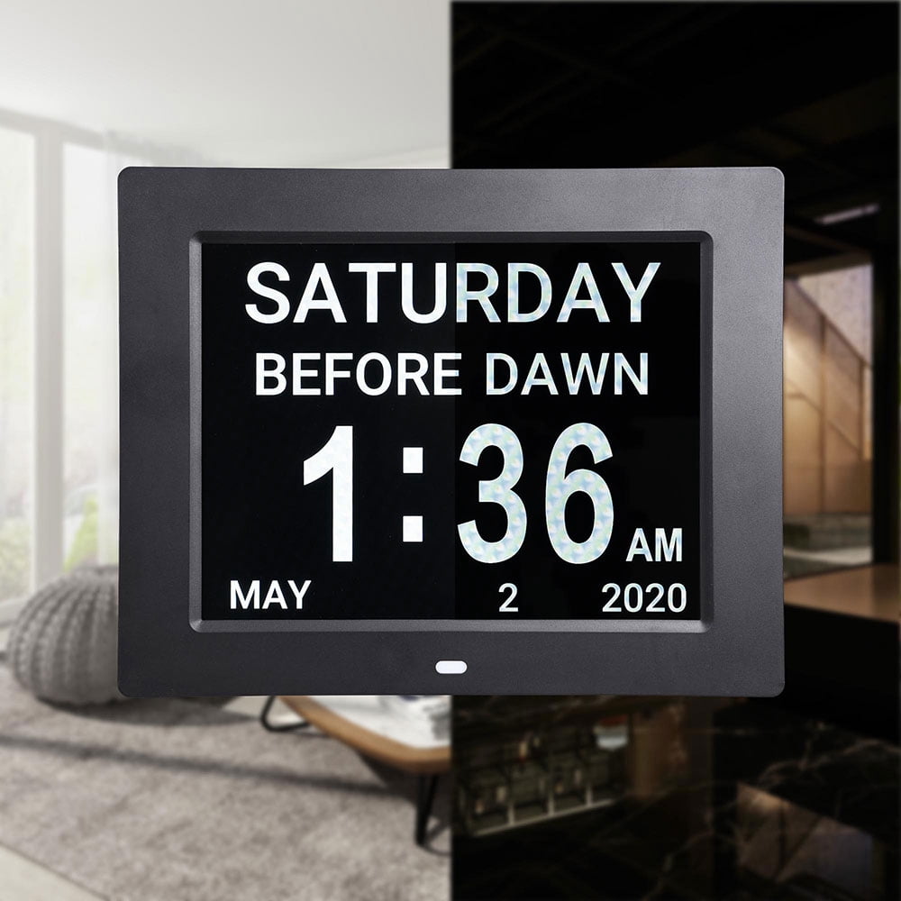 Yescom 8inch Large Digital LCD Day Clock 8 Alarm Dimmable Calendar for Elderly Dementia Wall Black