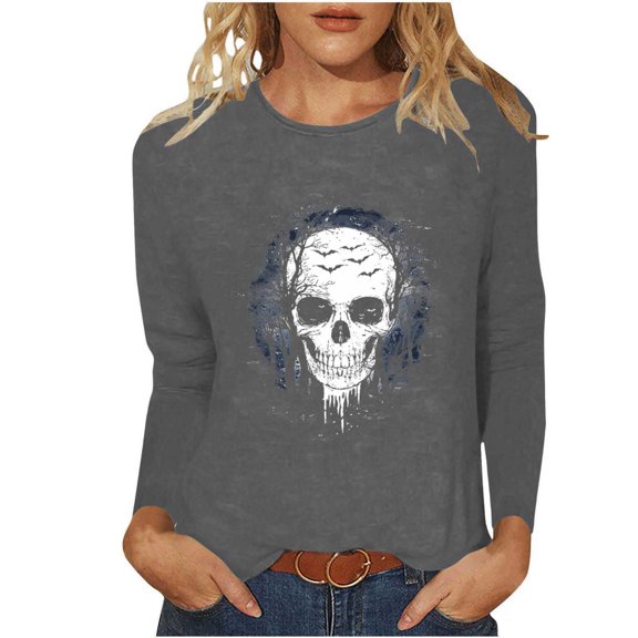 Xdegoge Womens Skull And Bats Graphic Tee Long Sleeve Halloween Shirt Creepy Gothic Casual Crewneck Fall Pullover Tops Novelty T Shirt