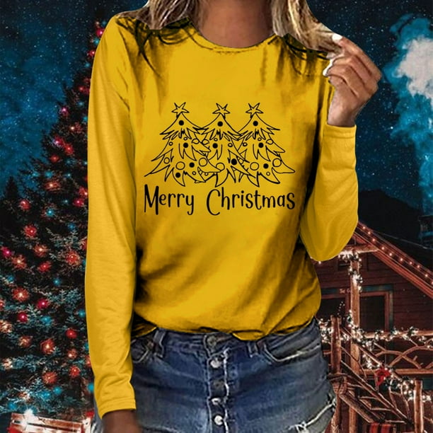 Tops Navidenos Para Mujer Blusas de Manga Larga Feliz Navidad Arbol Estampado Floral Camiseta Casual Con Cuello Redondo Odeerbi ODB194152 Walmart en linea