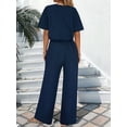 thumbnail image 6 of Womens V Neck Two Piece Set Short Sleeve Top and Casual Long Pants Fashion Slimming Outfit Navy Blue XXL, 6 of 7