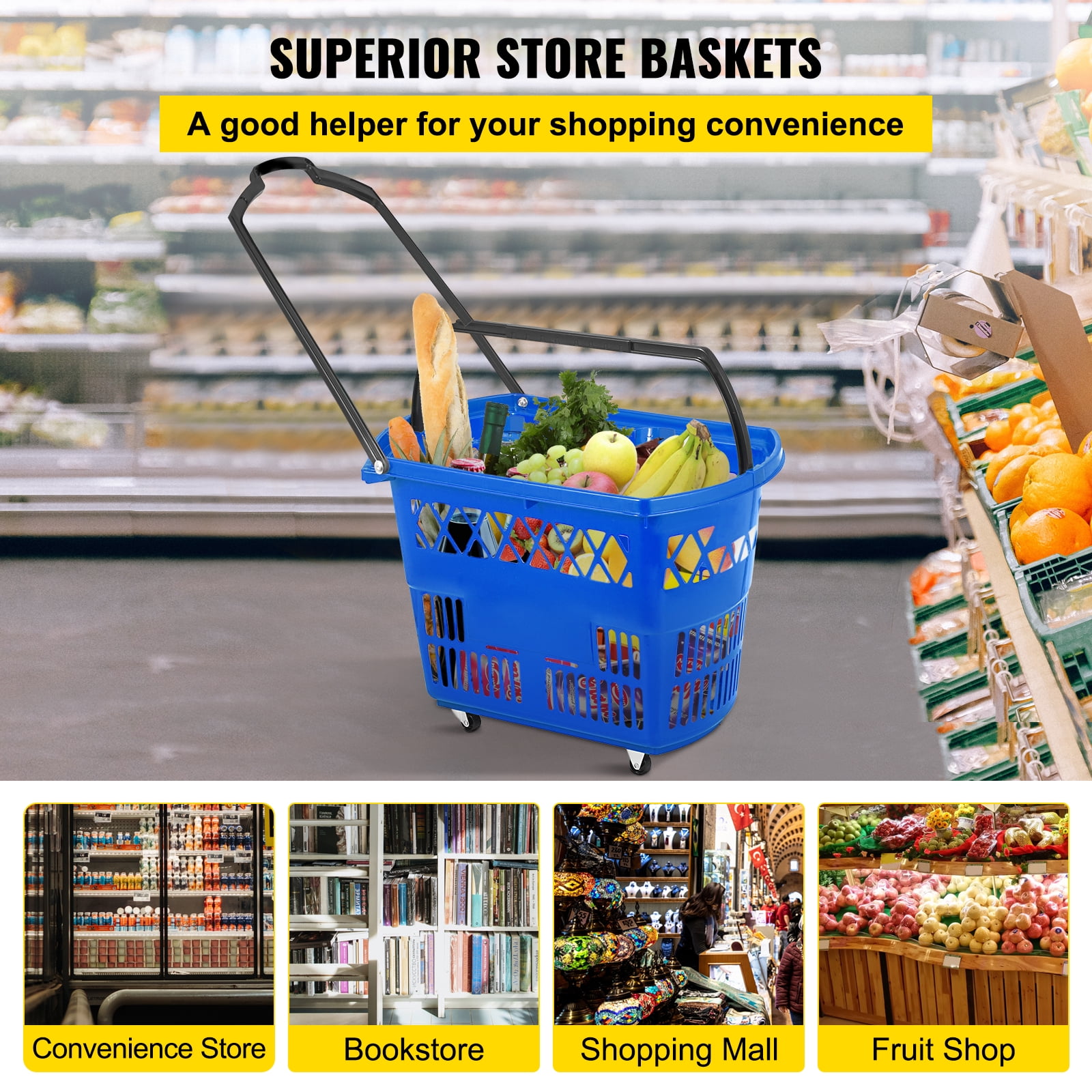 VEVORbrand Shopping Baskets, Blue Shopping Baskets with Handles, Plastic  Rolling Shopping Basket with Wheels, Shopping Carts,Portable Shopping  Basket