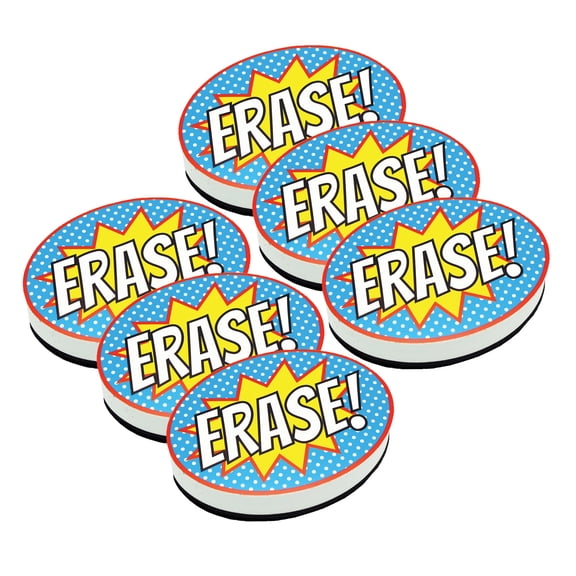 Ashley Productions Magnetic Whiteboard Eraser, Superhero Erase!, Pack of 6