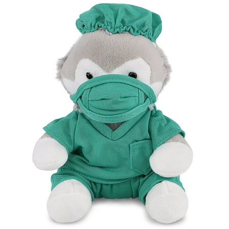 DolliBu Wolf Doctor Plush Toy - Super Soft Wolf Doctor Stuffed Animal Dress Up with Cute Scrub Uniform and Cap Outfit - Fluffy Doctor Toy Plush Gift - 6 Inches