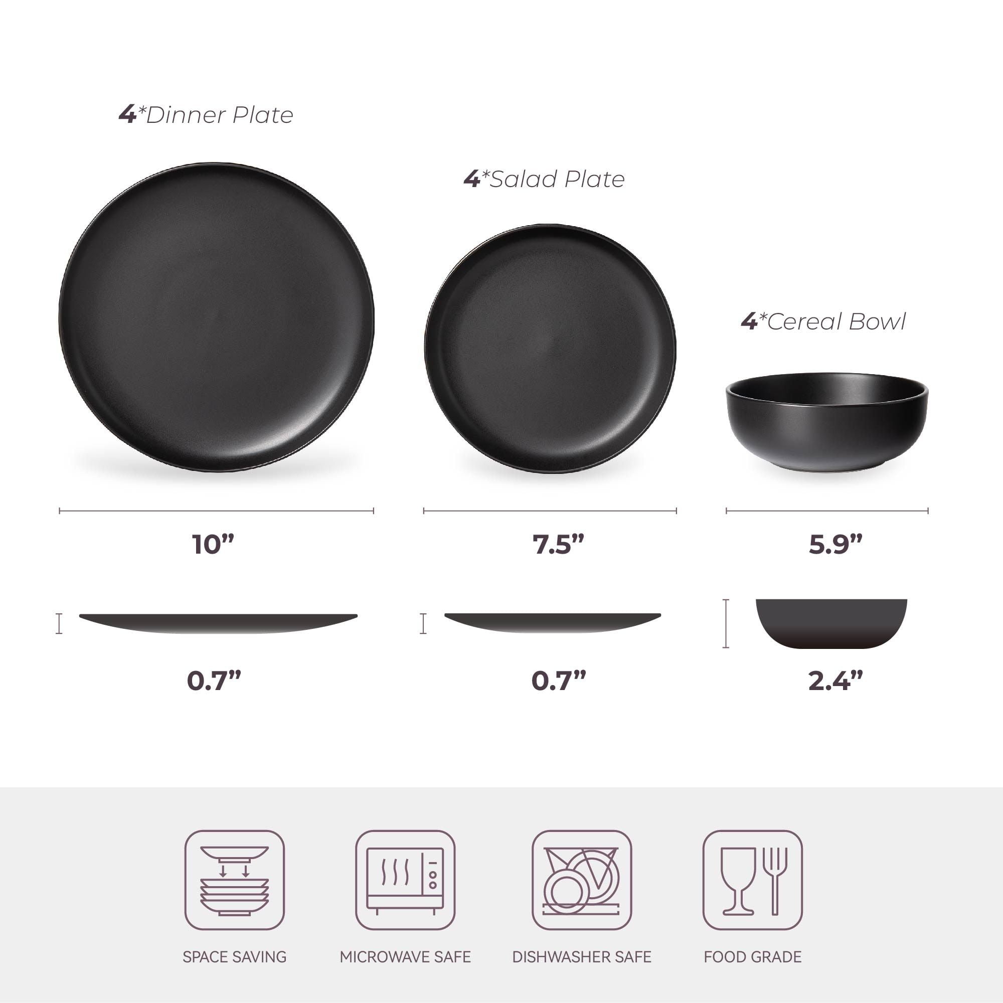 12-Piece Stoneware Dinnerware Set for 4, 10" Dinner Plates, 7.5" Salad Plates, 5.9" Deep Cereal Bowls, Dishwasher & Microwave Safe