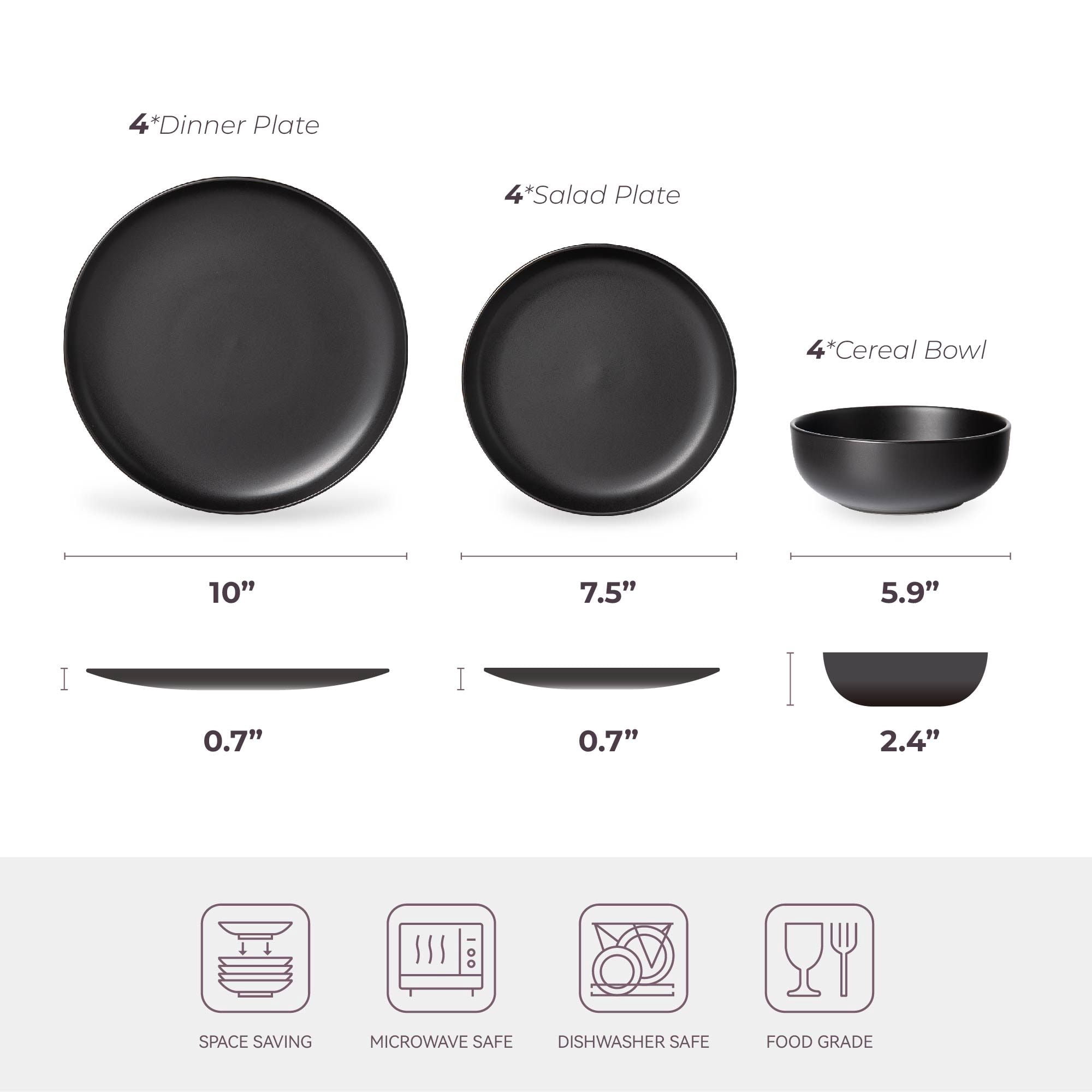 12-Piece Stoneware Dinner Plates Bowls Sets | Microwave & Dishwasher Safe | Non-Toxic Dinner Plates Bowls Set | Stackable Matte Glaze Kitchenware for 4