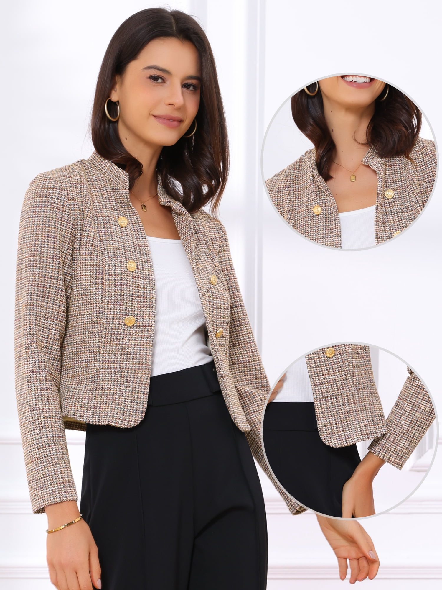 DARING DIVA Women's Comfortable Elegant Plaid Tweed Blazer Band Collar Jacket M Beige