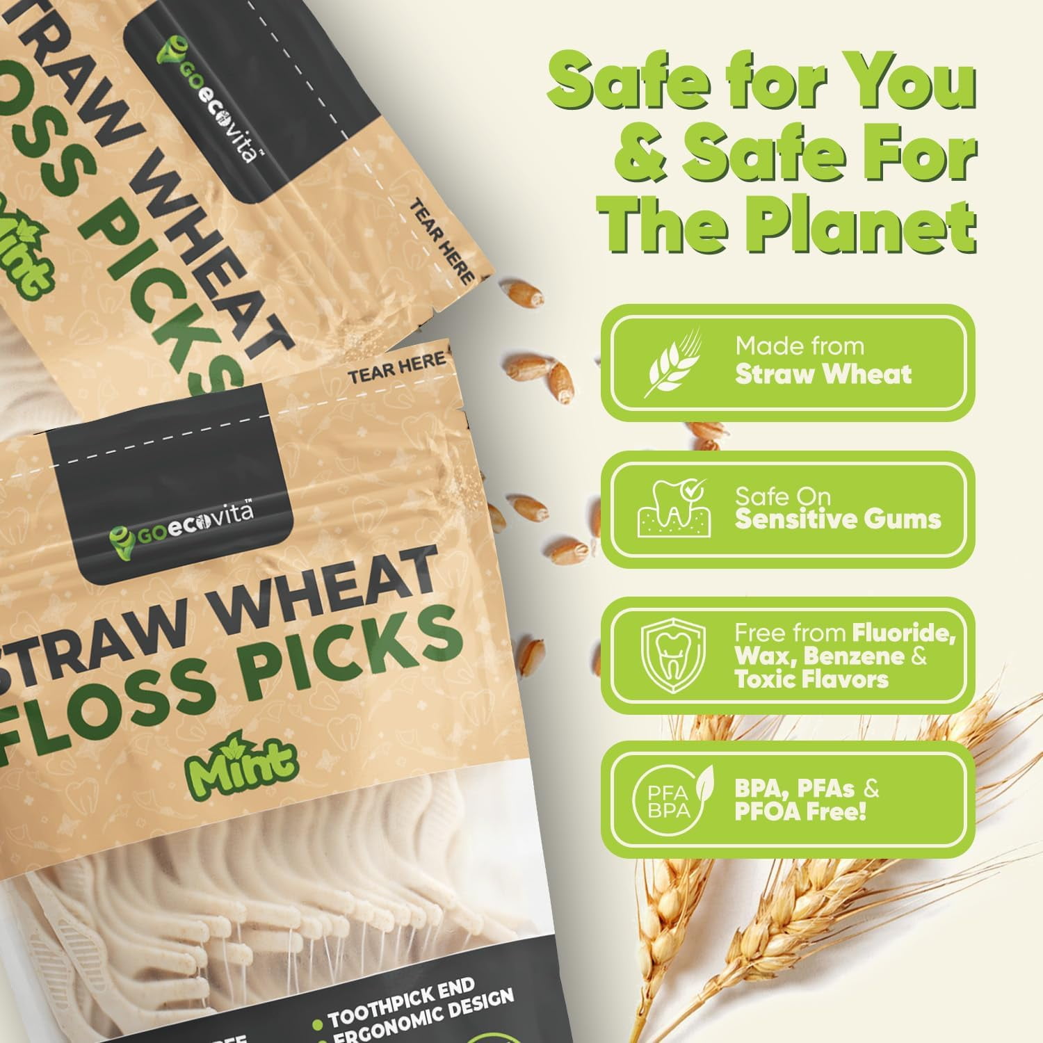 Dental Floss Picks - Straw Wheat Handle Flossers | Thin & Shred-Resistant Thread for Tight Gaps Adults Gentle on Gums Teeth Gluten-Free Vegan (200 Pack Mint)