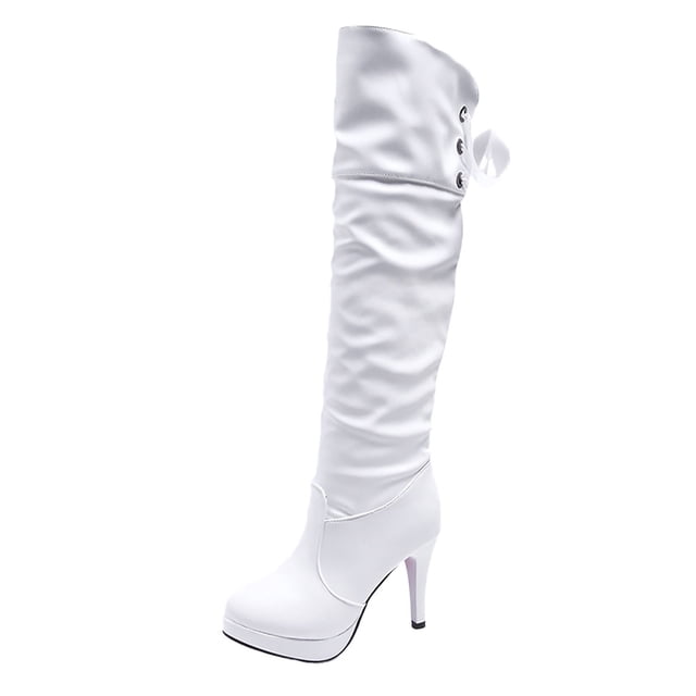 B91xZ Riding Boots for Women Comfortable Chunky Block Heel Pointed Toe Pull on Side Zipper Suede Riding Boots,White 6.5