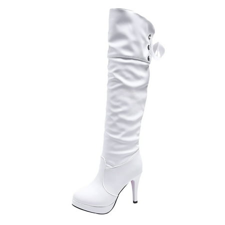 BOBOGOJP Ladies And Knee Boots High Heeled Shoes Leather Boots For Women Wide Leg Thigh High Boot Jean Boots for Women Thigh High (White 7)