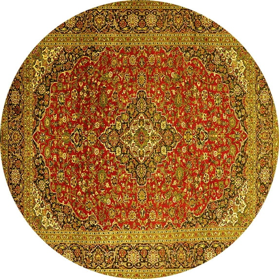 Ahgly Company Machine Washable Indoor Round Medallion Yellow Traditional Area Rugs, 3' Round
