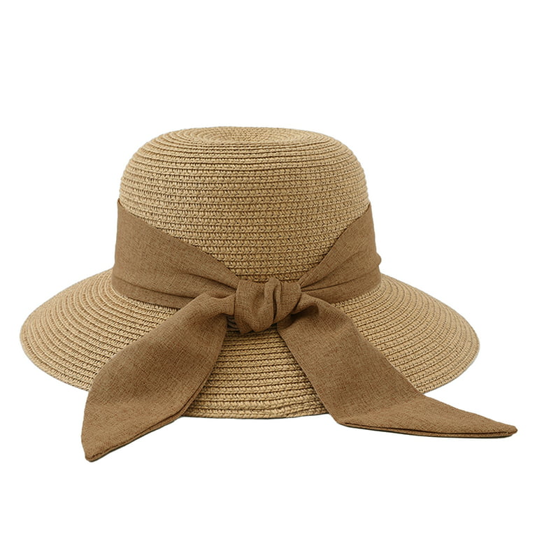 Bodychum Straw Hat Sun Hat for Women 4.5 inch Height Beach Hat Bow Ribbon Design Portable Sun Protection- Khaki, Women's, Size: One size, Beige