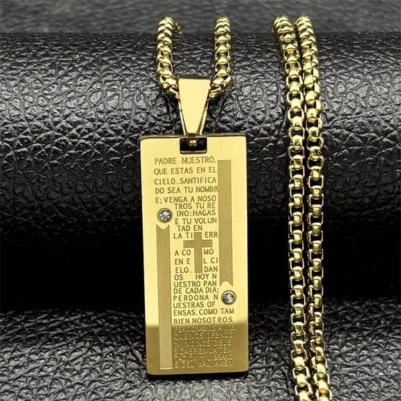 Christian Bible Verse Cross Medal Chain Necklace for Women Men 14K Yellow Gold Spanish Our Father Medal Lord's Prayer Jewelry