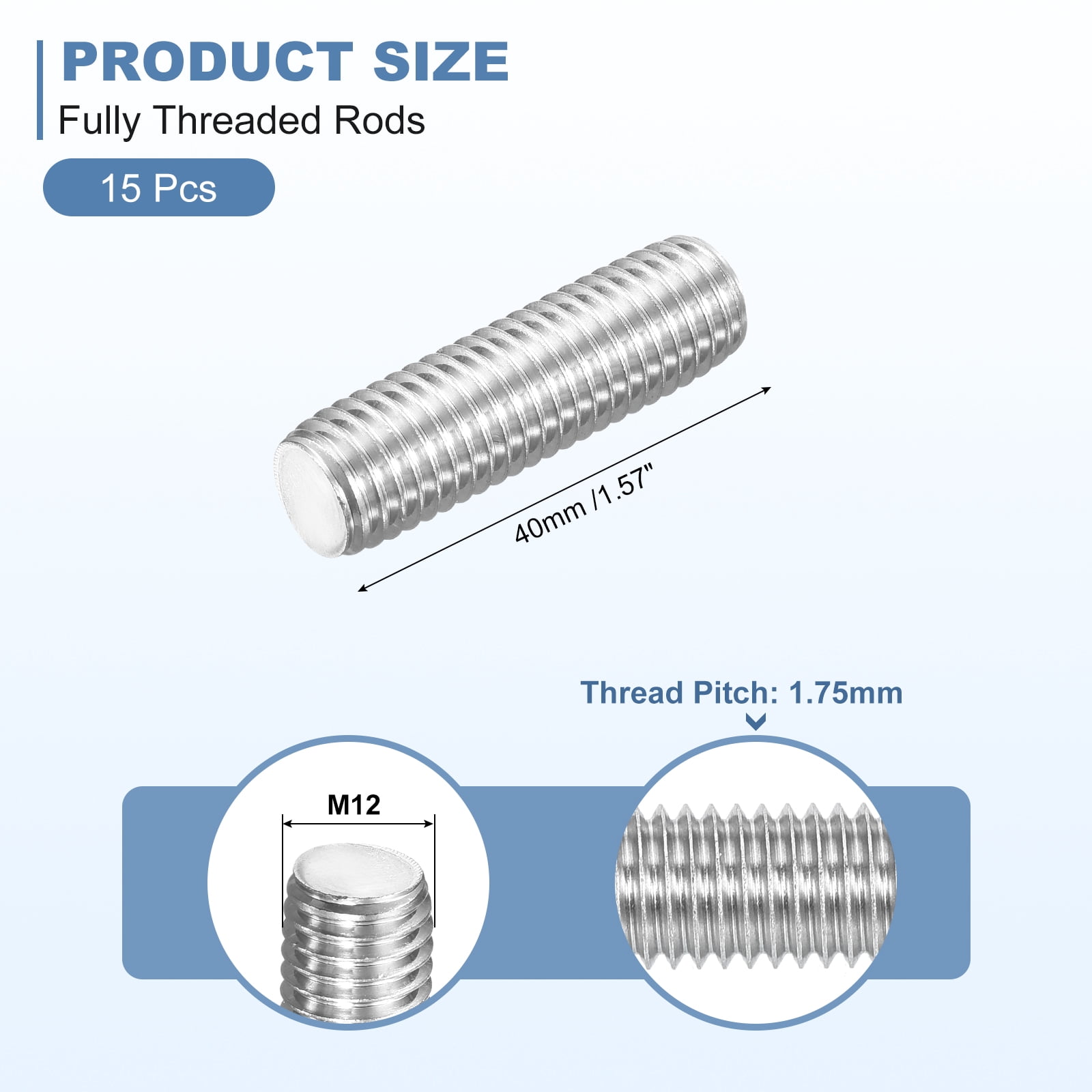 15Pcs M12-1.75x40mm Fully Threaded Rods, 304 Stainless Steel Thread Bar Studs