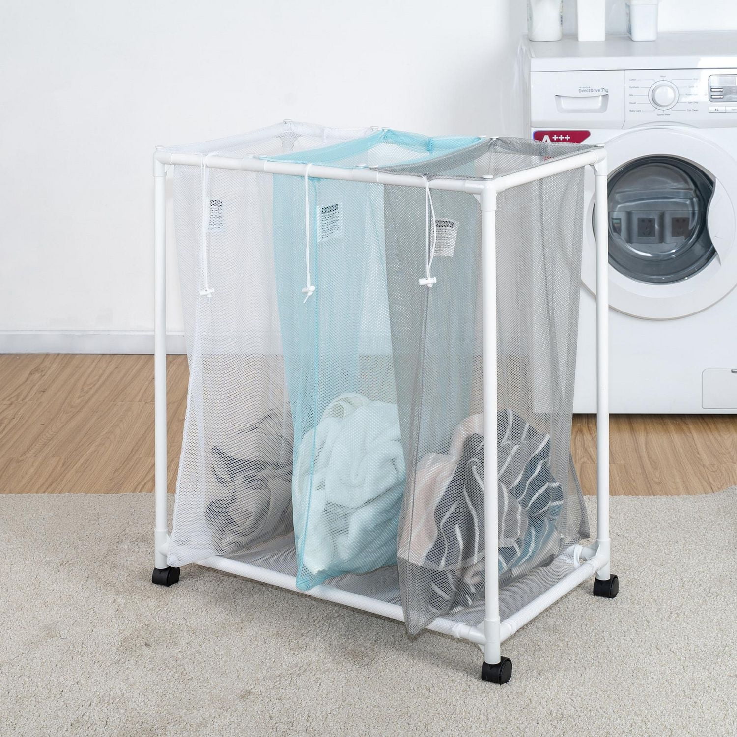Mainstays 3 Bin Multiple Color Laundry Mesh Sorter for Adult, Rolling Cart for Laundry Room Closet Storage, 4 Wheels, Bags for Sorting Different Items