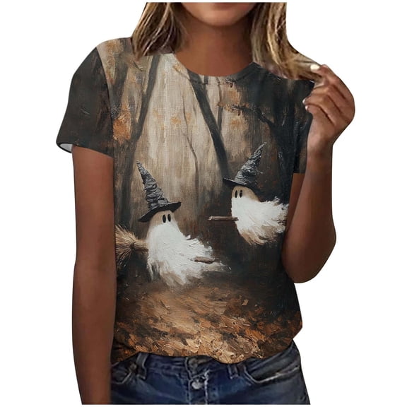 QQZ Loose Fit Short Sleeve Halloween T Shirts For Women, Witch Ghost Pumpkin Bat Haunted House Graphic Womens Halloween Shirts For Pumpkin Patch Trick Or Treat Halloween Casual Outings