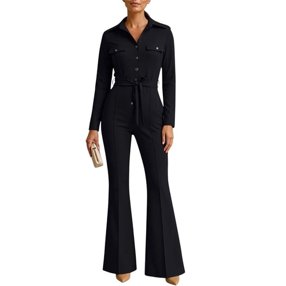 YuXingFu Jumpsuits for Women Petite Women Fashion Casual Jumpsuit Solid Color Waist Long Sleeve Lapel Button Long Jumpsuit Black S