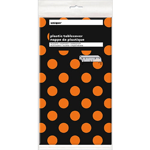 Plastic Tablecover 54X108-Orange & Black Decorative Dots