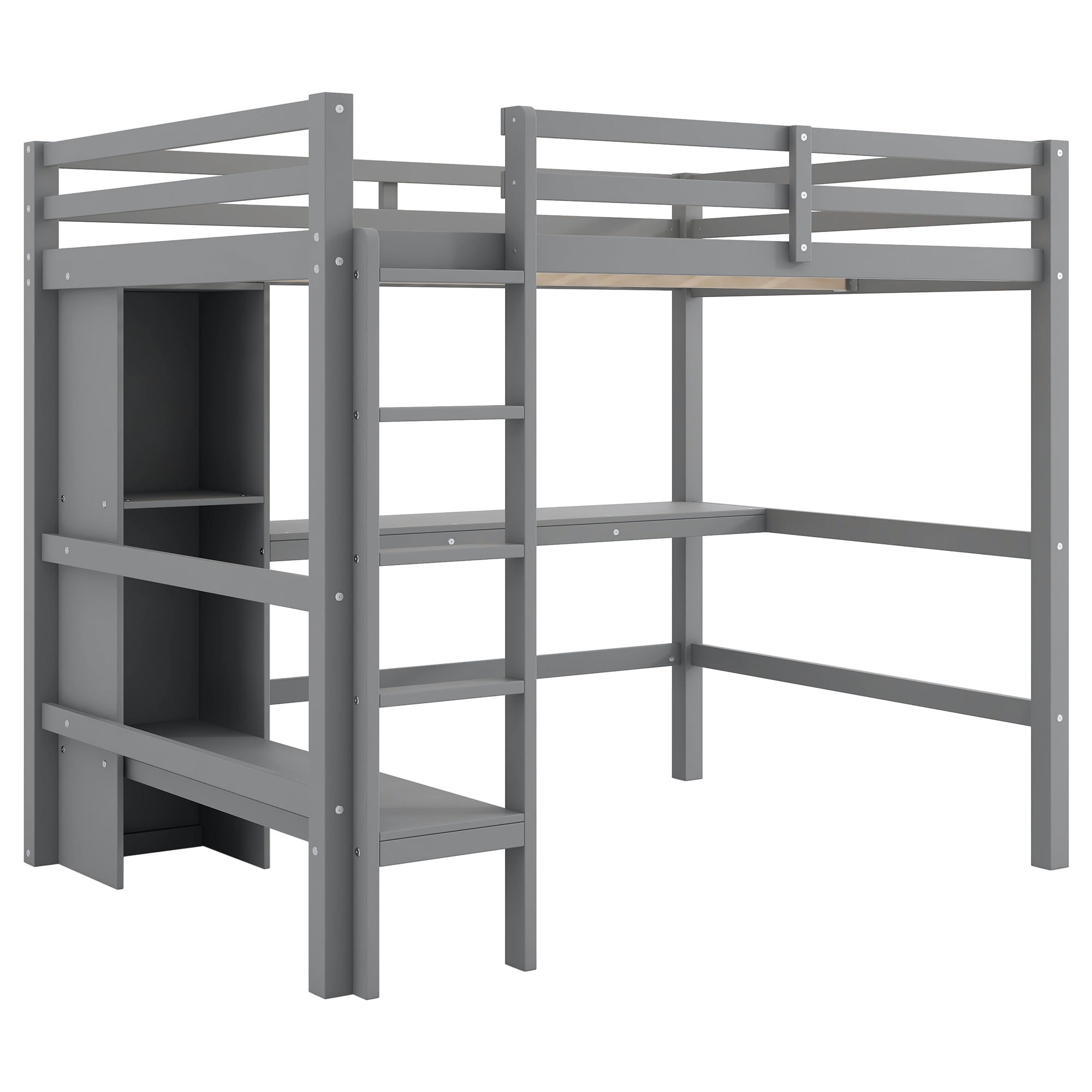 Euroco Full Size Loft Bed with Desk, Shelves and Cabinet for Kids Teens Room, Solid Wood Bed, Gray