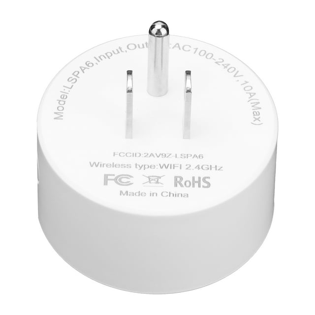 enchufe inteligente toma de corriente wifi control remoto con función de temporizador ac100-240v 50 / 60hz para la industria electrodomésticos control de energía enchufe de ee anggrek otros Enchufe inteligente US, vista superior centrada que muestra dos clavijas planas y una clavija redonda de tierra en carcasa cilíndrica blanca de ABS+PC; texto impreso indica AC100-240V, 10A y Wireless type: WiFi 2.4GHz con logos de certificación. Diseñado para control remoto y temporizador de electrodomésticos, y suele usarse para programar equipos de baja potencia.