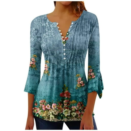

AIEOTT Tops for Women Summer Clearance Womens Blouses Women s Trumpet 3/4 Sleeve Print Buttoned Basic Ruched Corset Tunic Tops Pleated T-shirts Blouses Fashion Casual Womens Tshirts Christmas Gift