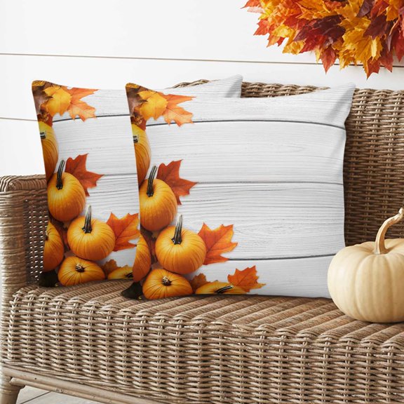 Outdoor Waterproof Pillow Covers Fall Thanksgiving Pumpkin Orange Maple Leaf Decorative Throw Pillow Protectors for Sofa Couch,18x18in 2 Pack